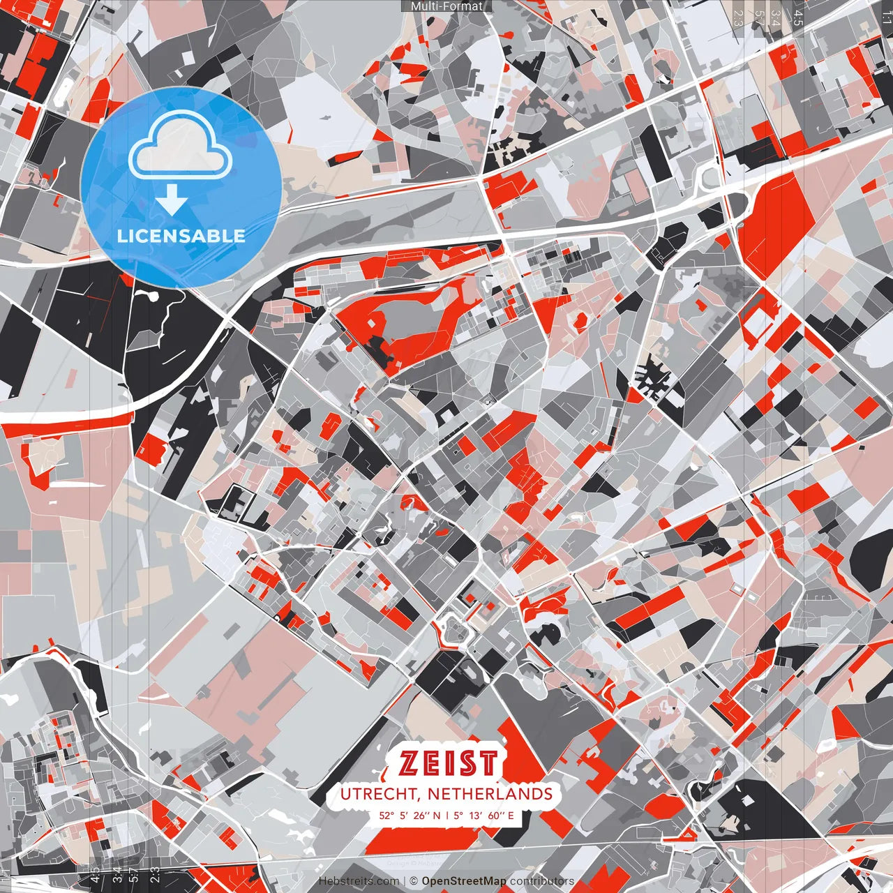 Zeist, Utrecht, Netherlands - modern street map poster template with gray and red tones