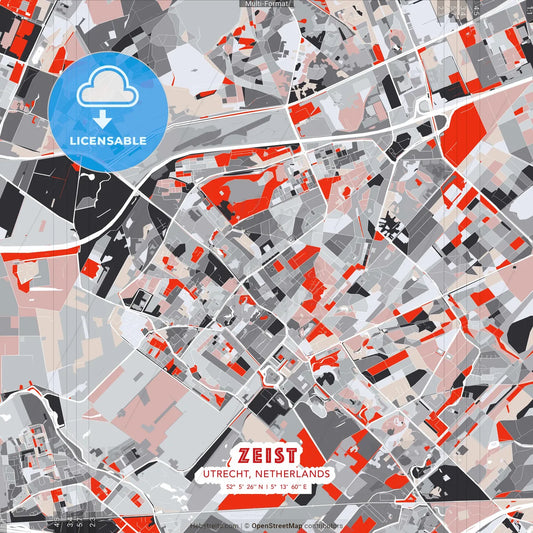 Zeist, Utrecht, Netherlands - modern street map poster template with gray and red tones