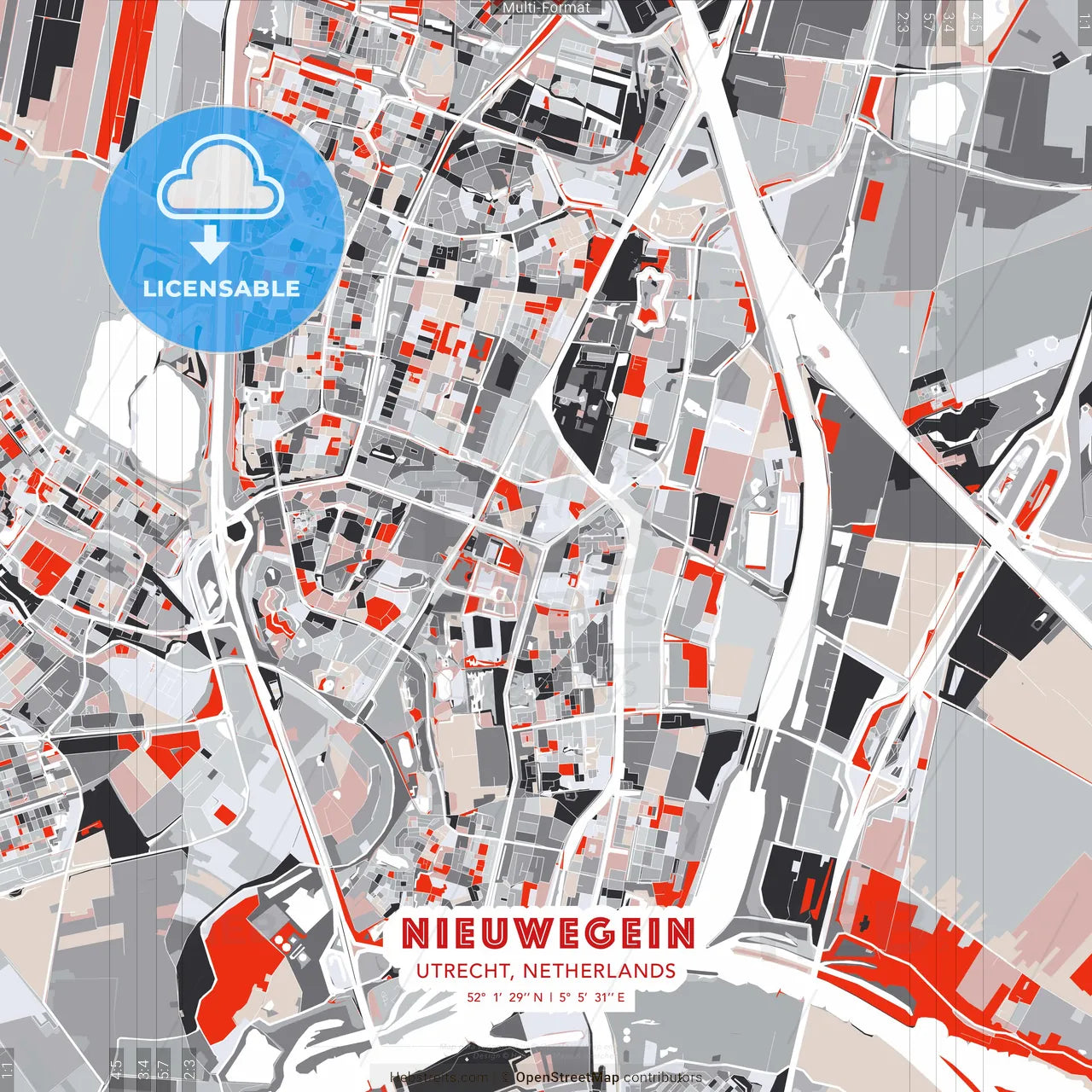 Nieuwegein, Utrecht, Netherlands - modern street map poster template with gray and red tones
