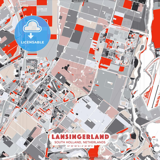 Lansingerland, South Holland, Netherlands - modern street map poster template with gray and red tones