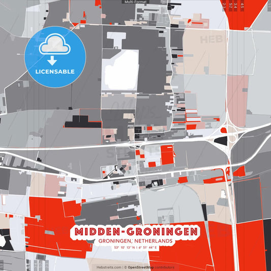 Midden-Groningen, Groningen, Netherlands - modern street map poster template with gray and red tones