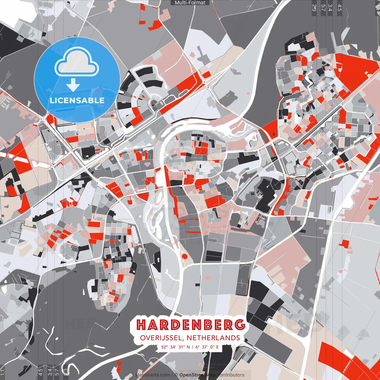 Hardenberg, Overijssel, Netherlands - modern street map poster template with gray and red tones