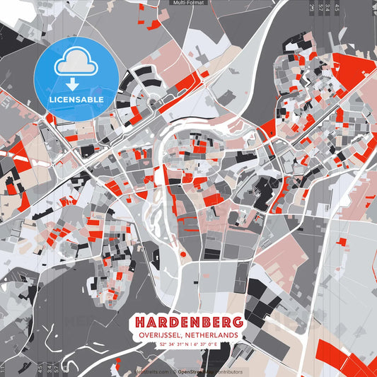 Hardenberg, Overijssel, Netherlands - modern street map poster template with gray and red tones