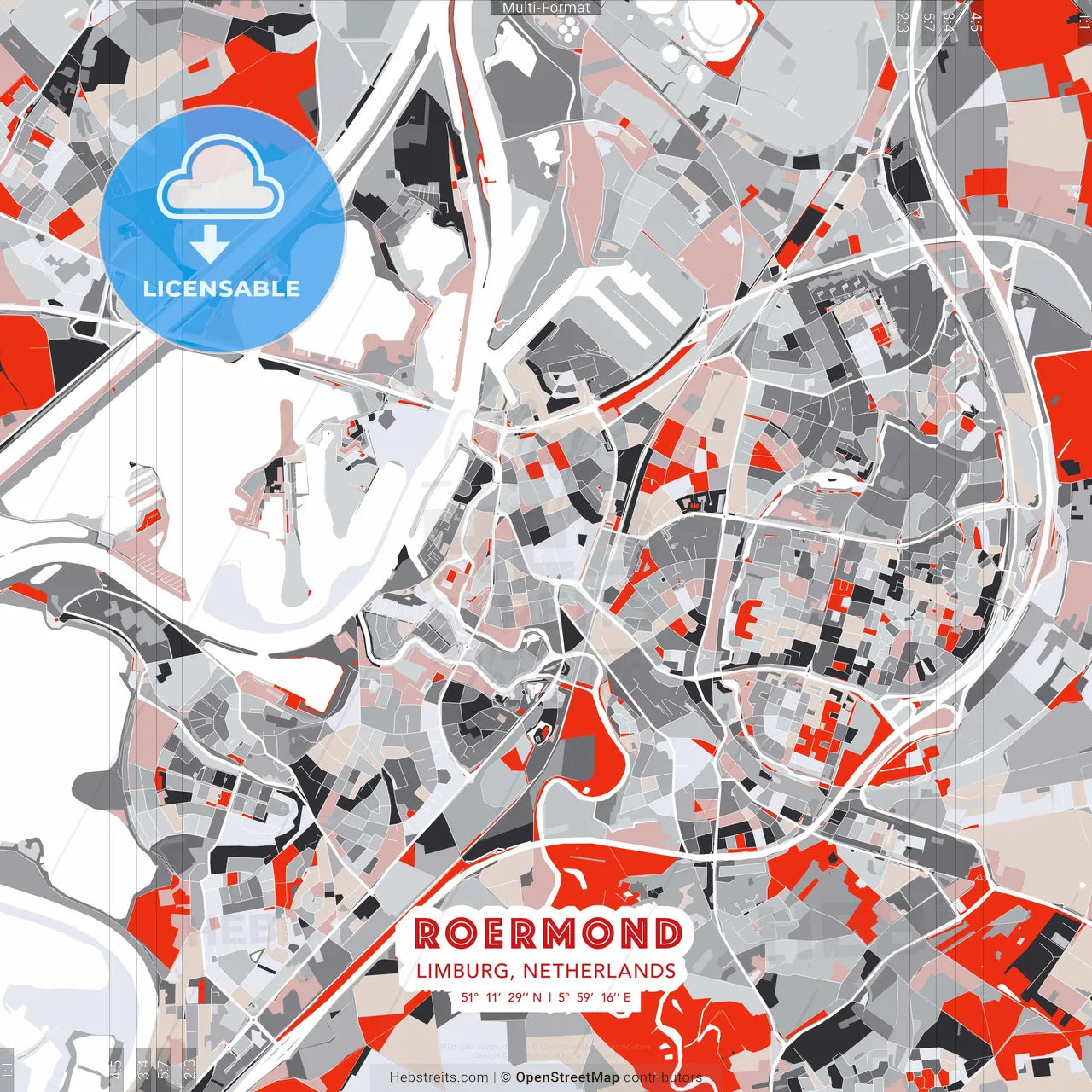 Roermond, Limburg, Netherlands - modern street map poster template with gray and red tones