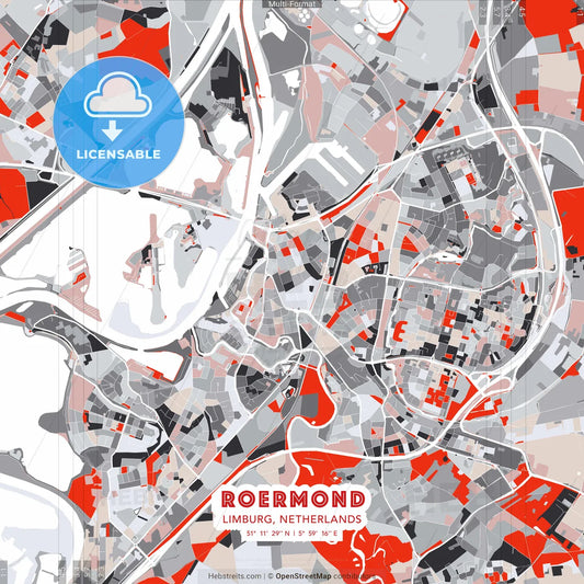 Roermond, Limburg, Netherlands - modern street map poster template with gray and red tones