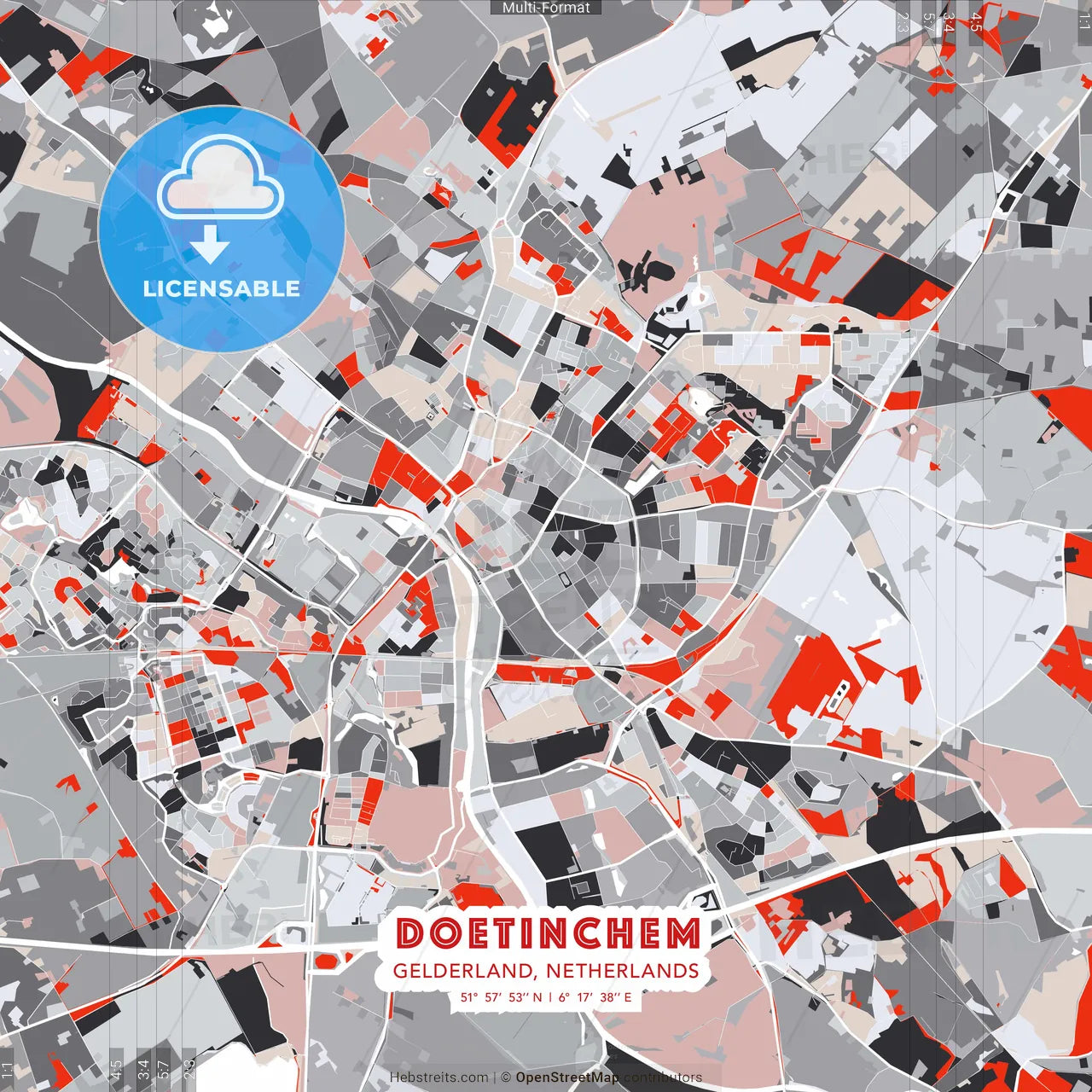 Doetinchem, Gelderland, Netherlands - modern street map poster template with gray and red tones
