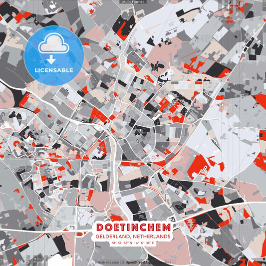 Doetinchem, Gelderland, Netherlands - modern street map poster template with gray and red tones
