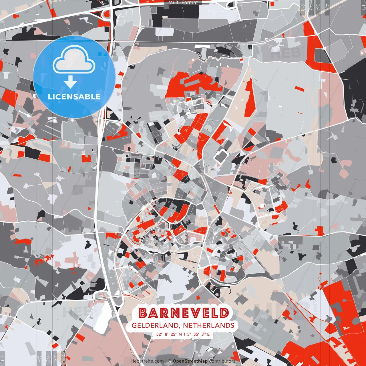 Barneveld, Gelderland, Netherlands - modern street map poster template with gray and red tones