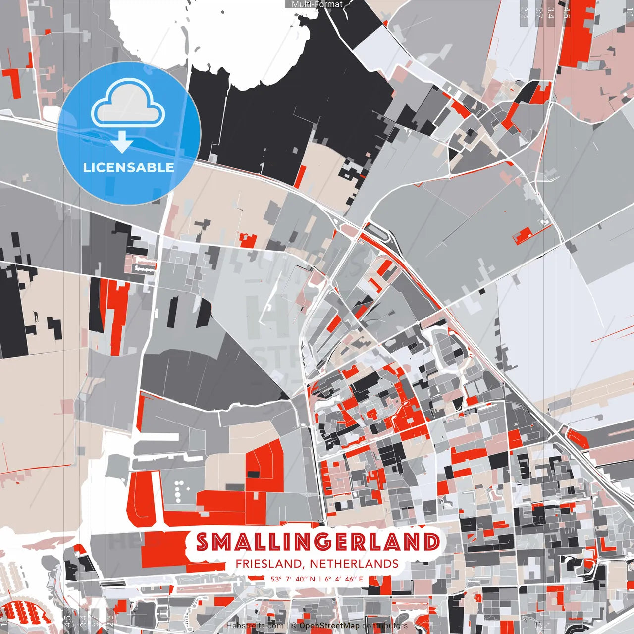 Smallingerland, Friesland, Netherlands - modern street map poster template with gray and red tones