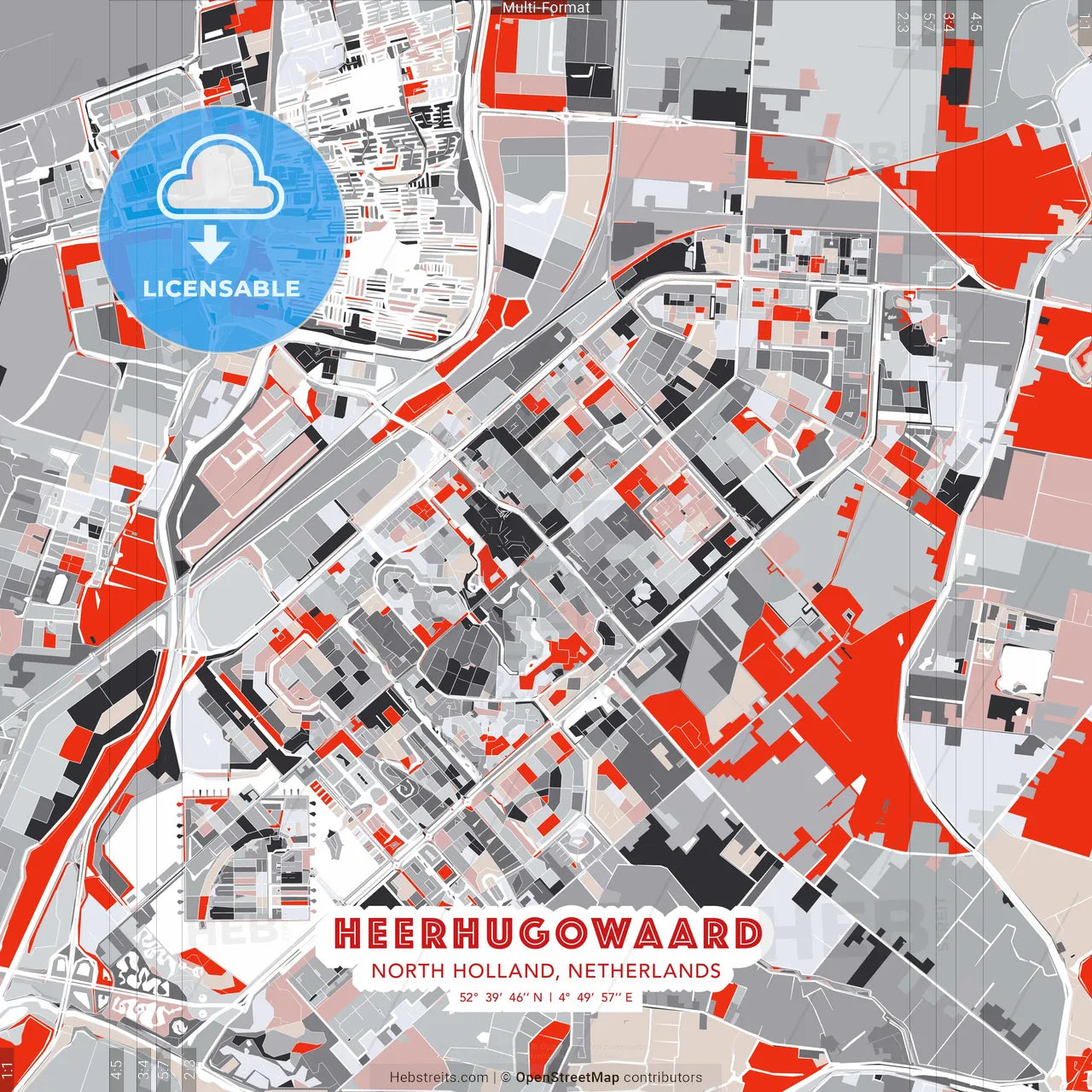 Heerhugowaard, North Holland, Netherlands - modern street map poster template with gray and red tones
