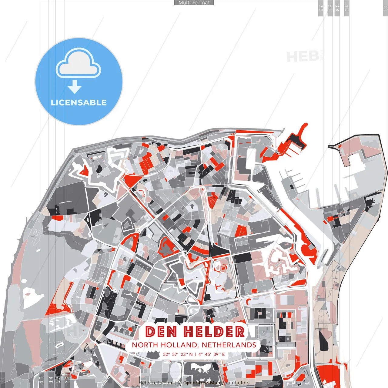 Den Helder, North Holland, Netherlands - modern street map poster template with gray and red tones