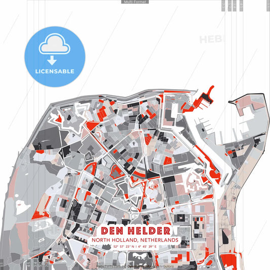 Den Helder, North Holland, Netherlands - modern street map poster template with gray and red tones
