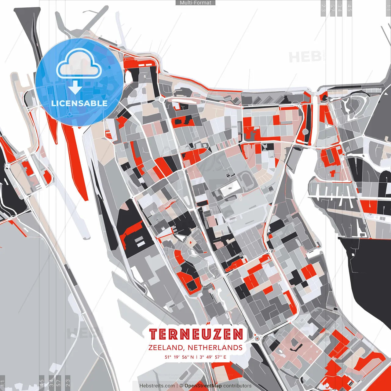 Terneuzen, Zeeland, Netherlands - modern street map poster template with gray and red tones