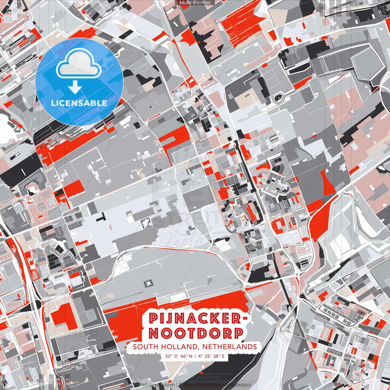 Pijnacker-Nootdorp, South Holland, Netherlands - modern street map poster template with gray and red tones