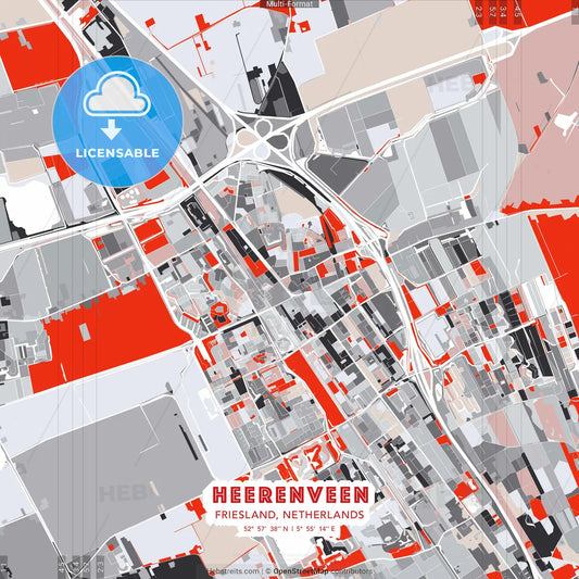 Heerenveen, Friesland, Netherlands - modern street map poster template with gray and red tones