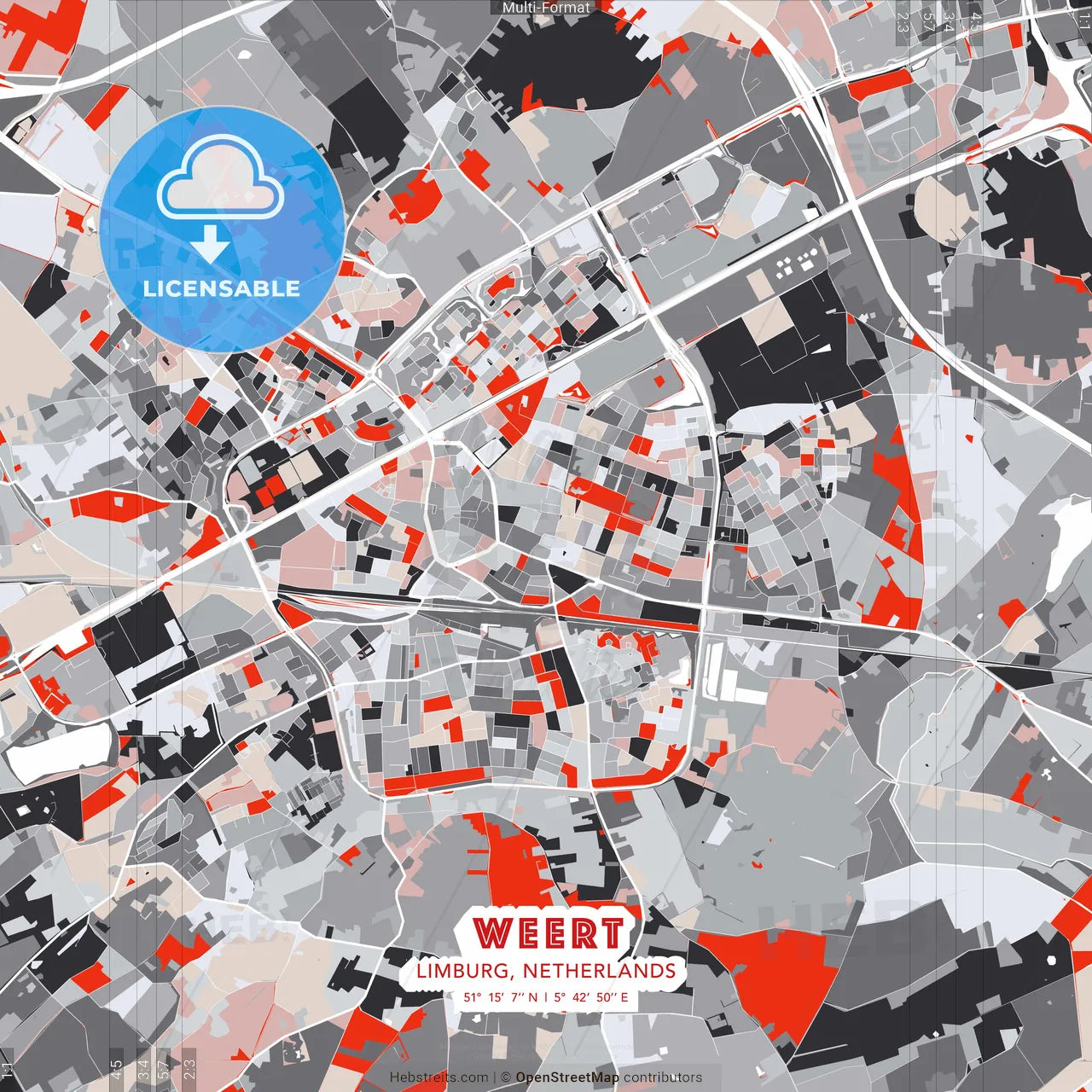 Weert, Limburg, Netherlands - modern street map poster template with gray and red tones