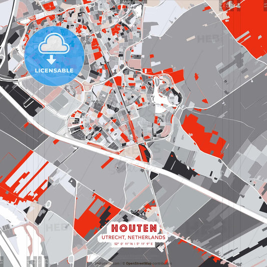 Houten, Utrecht, Netherlands - modern street map poster template with gray and red tones