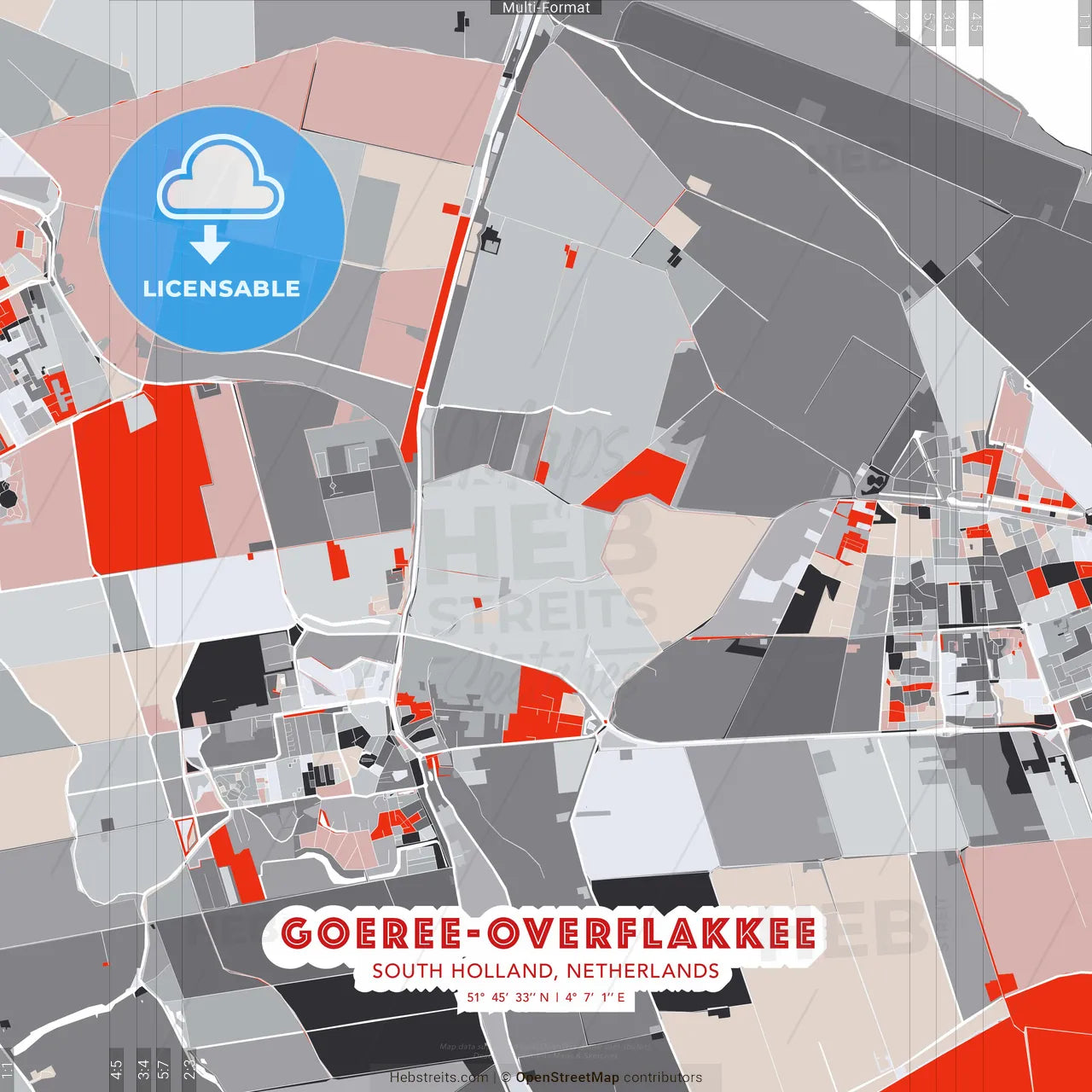 Goeree-Overflakkee, South Holland, Netherlands - modern street map poster template with gray and red tones