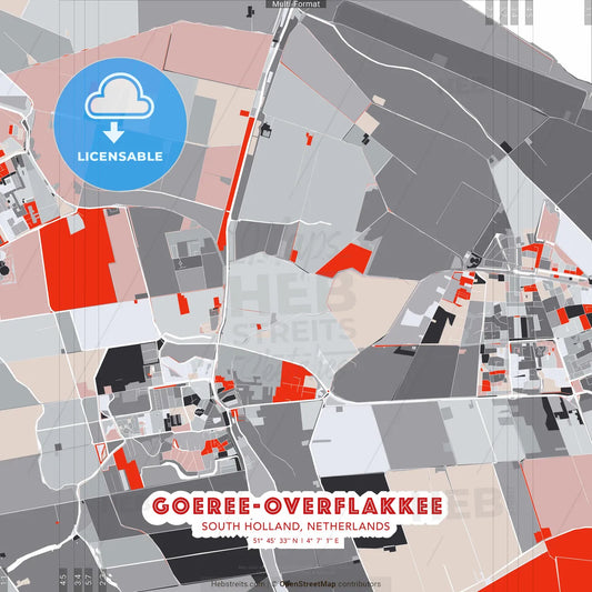 Goeree-Overflakkee, South Holland, Netherlands - modern street map poster template with gray and red tones