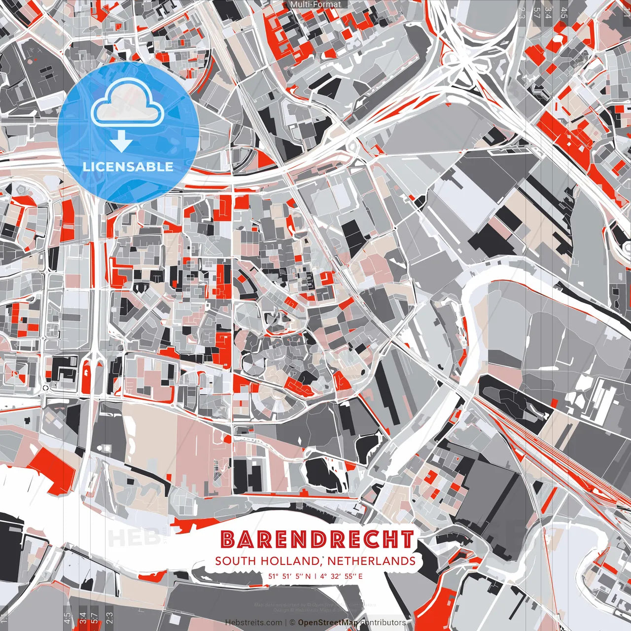 Barendrecht, South Holland, Netherlands - modern street map poster template with gray and red tones