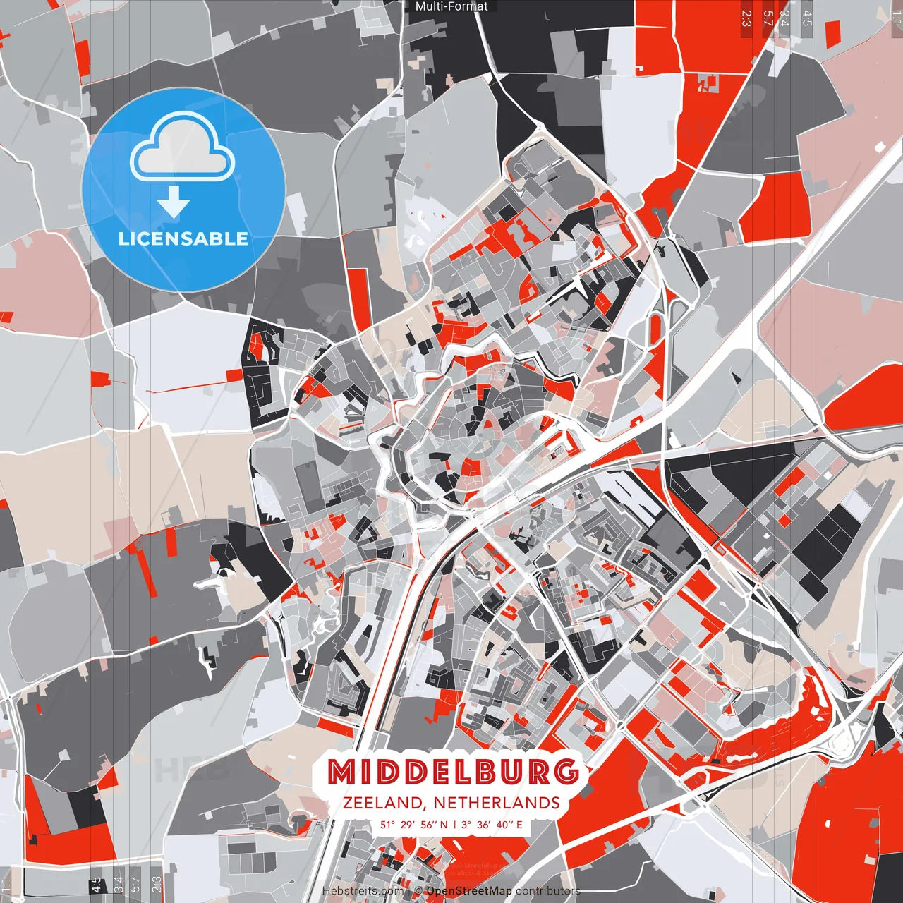 Middelburg, Zeeland, Netherlands - modern street map poster template with gray and red tones