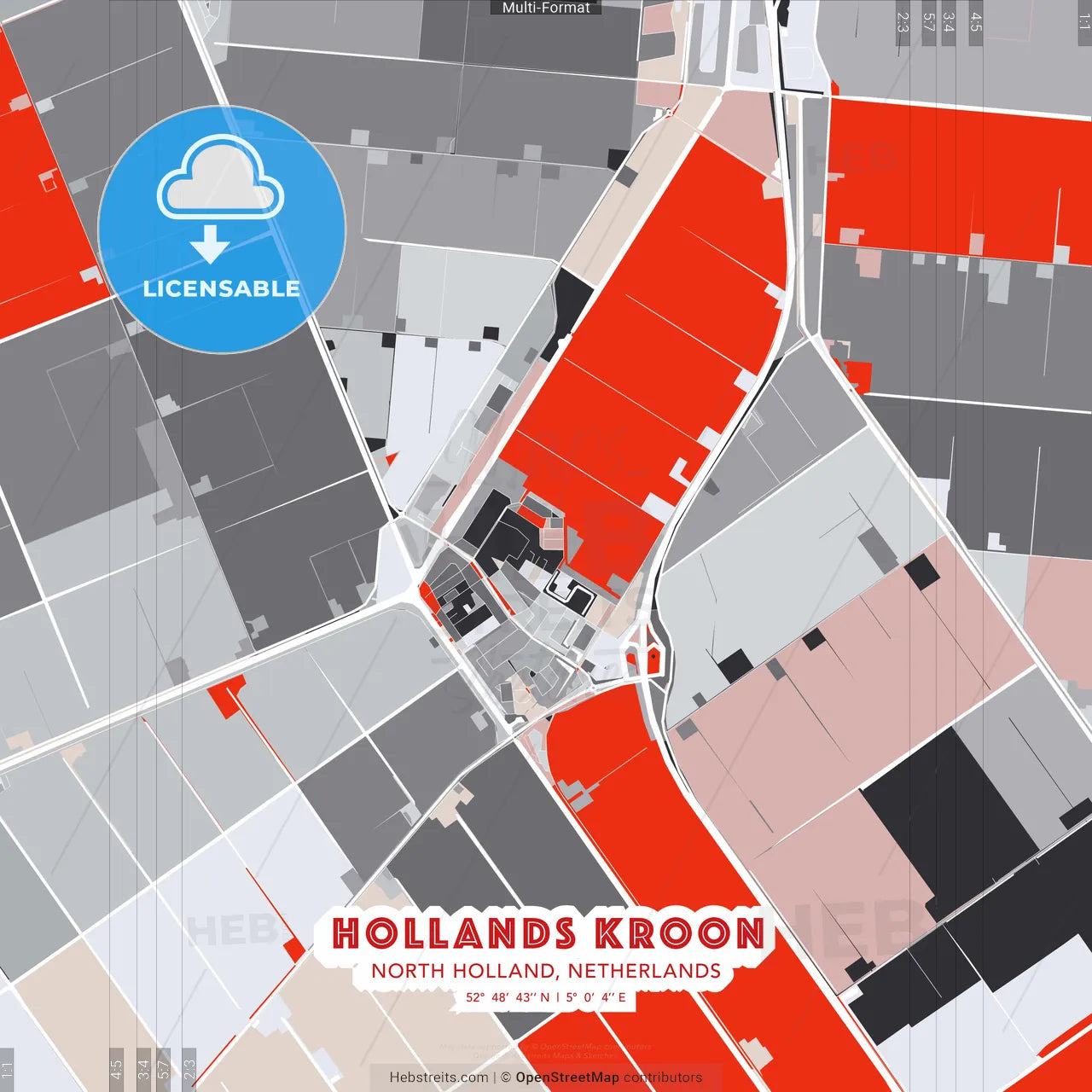 Hollands Kroon, North Holland, Netherlands - modern street map poster template with gray and red tones