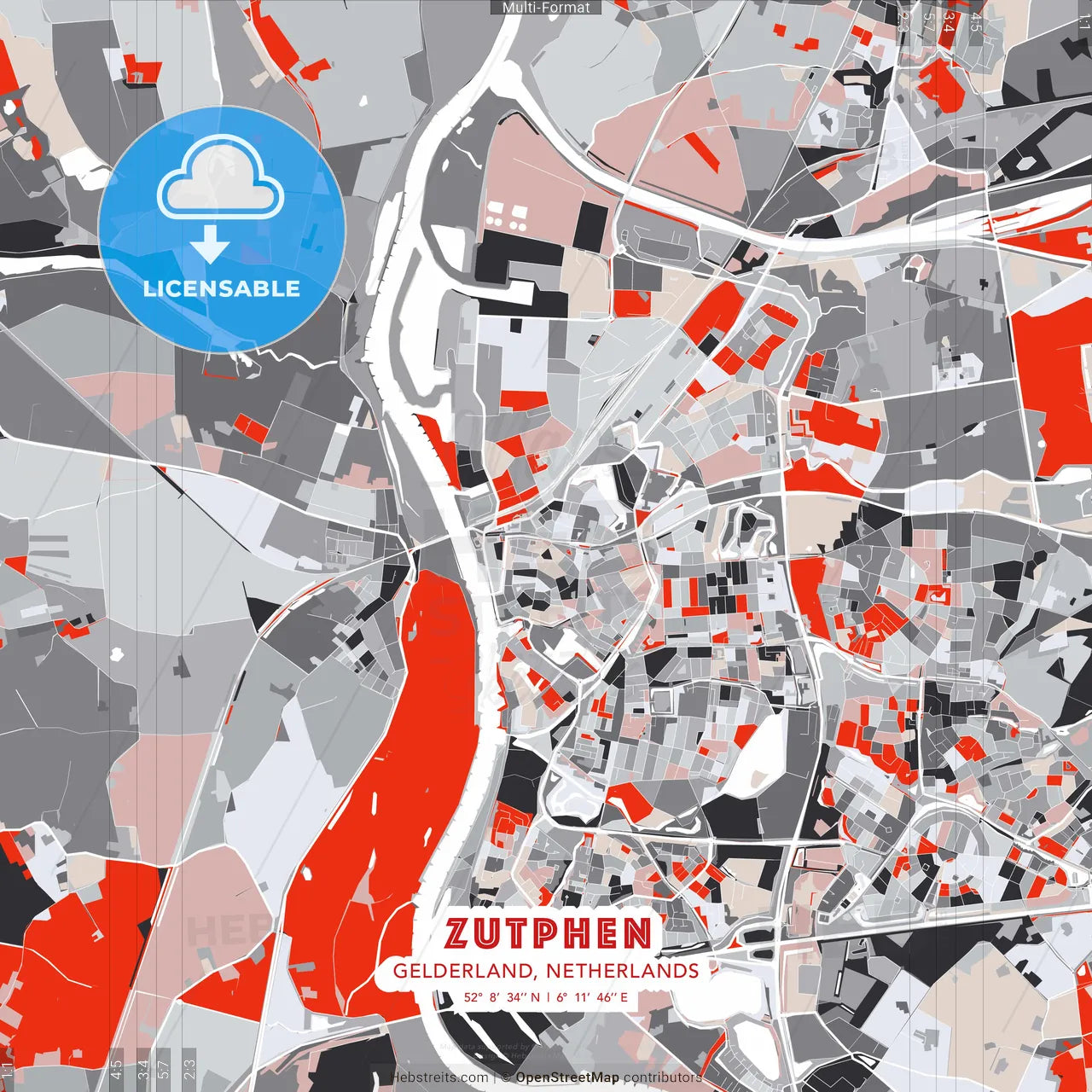 Zutphen, Gelderland, Netherlands - modern street map poster template with gray and red tones