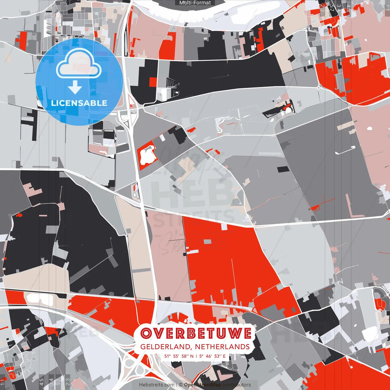 Overbetuwe, Gelderland, Netherlands - modern street map poster template with gray and red tones