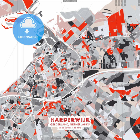 Harderwijk, Gelderland, Netherlands - modern street map poster template with gray and red tones