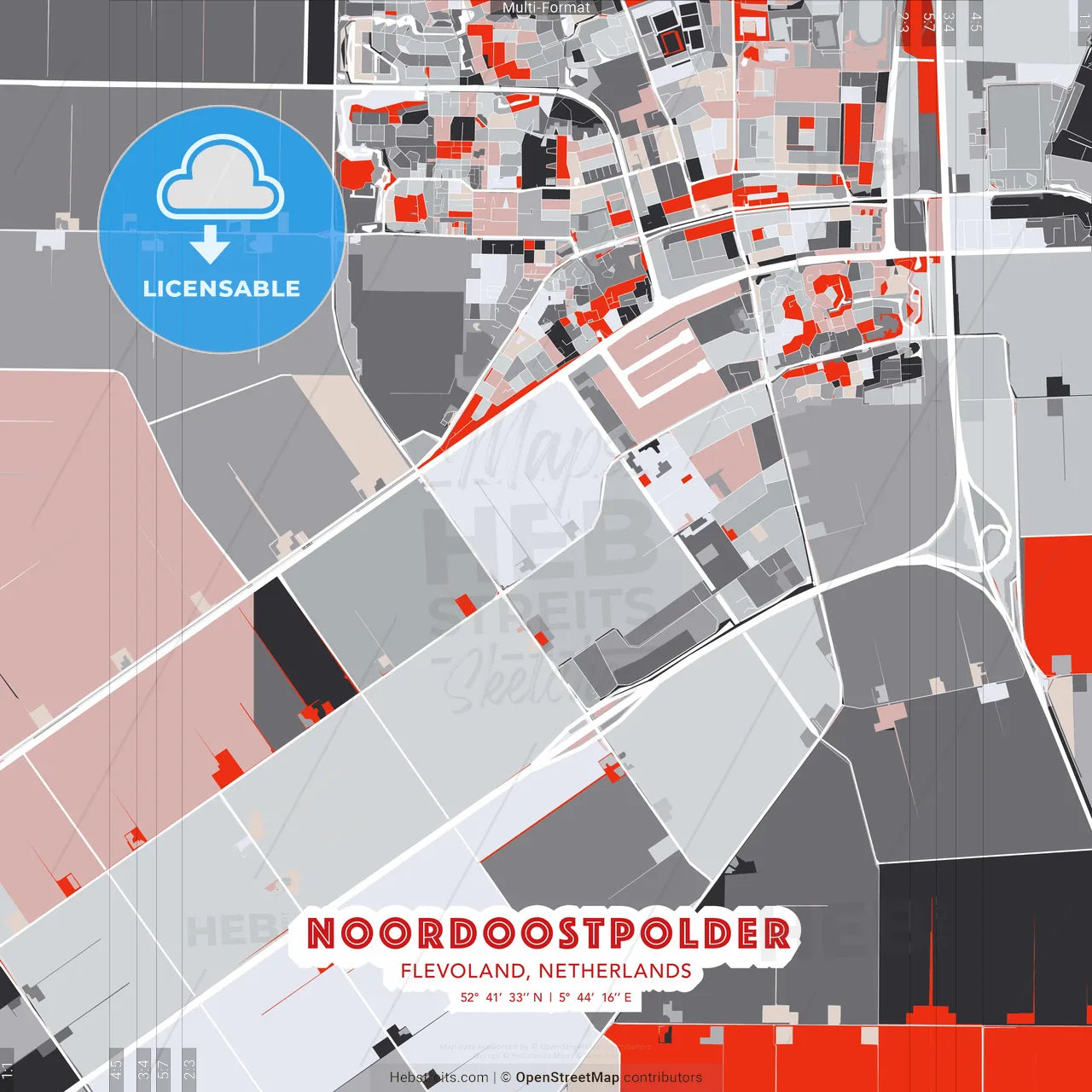 Noordoostpolder, Flevoland, Netherlands - modern street map poster template with gray and red tones