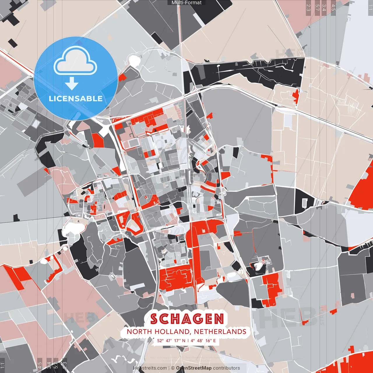 Schagen, North Holland, Netherlands - modern street map poster template with gray and red tones