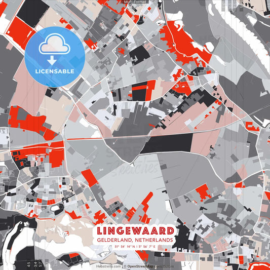 Lingewaard, Gelderland, Netherlands - modern street map poster template with gray and red tones