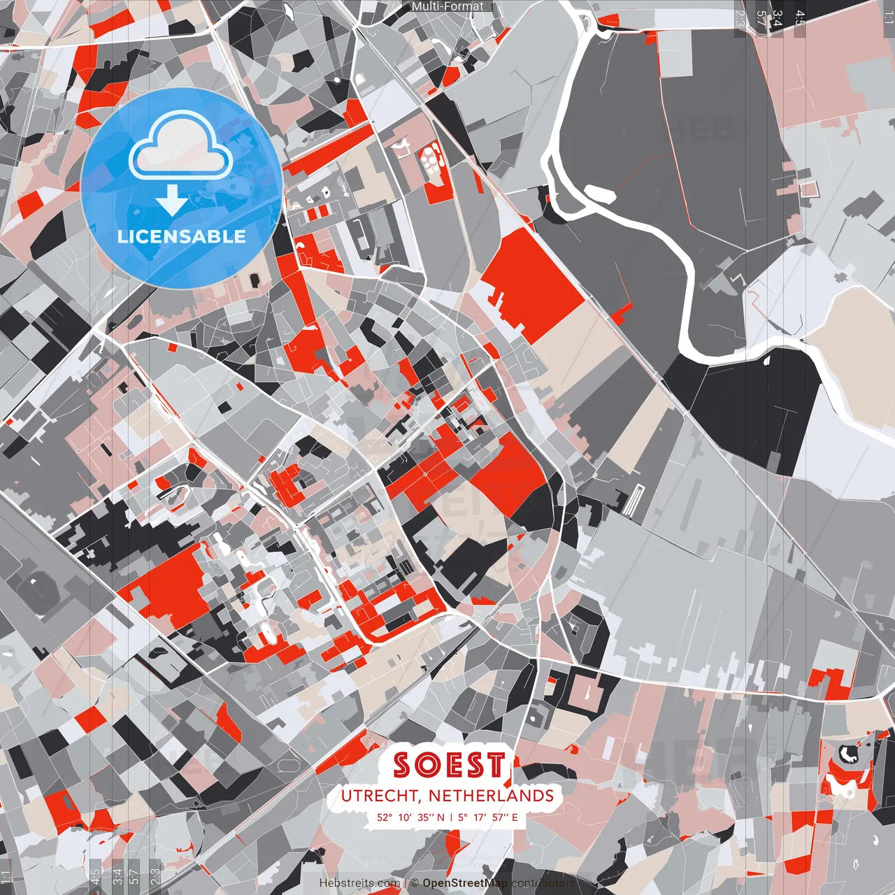 Soest, Utrecht, Netherlands - modern street map poster template with gray and red tones