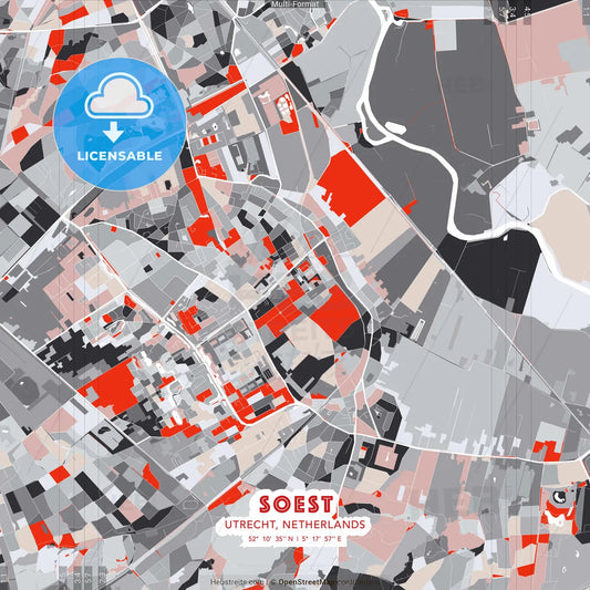 Soest, Utrecht, Netherlands - modern street map poster template with gray and red tones
