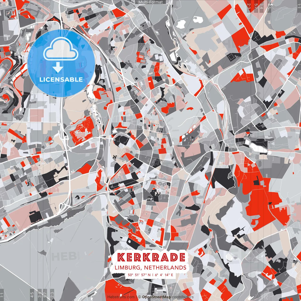 Kerkrade, Limburg, Netherlands - modern street map poster template with gray and red tones
