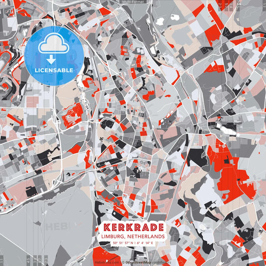 Kerkrade, Limburg, Netherlands - modern street map poster template with gray and red tones