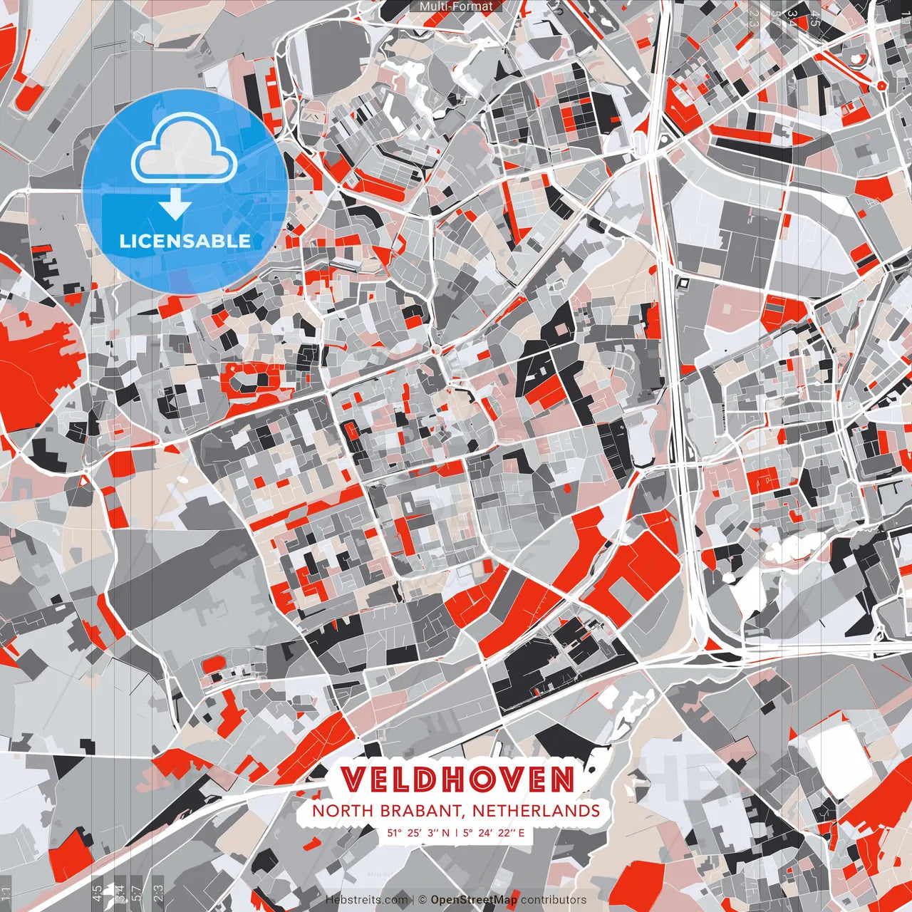 Veldhoven, North Brabant, Netherlands - modern street map poster template with gray and red tones