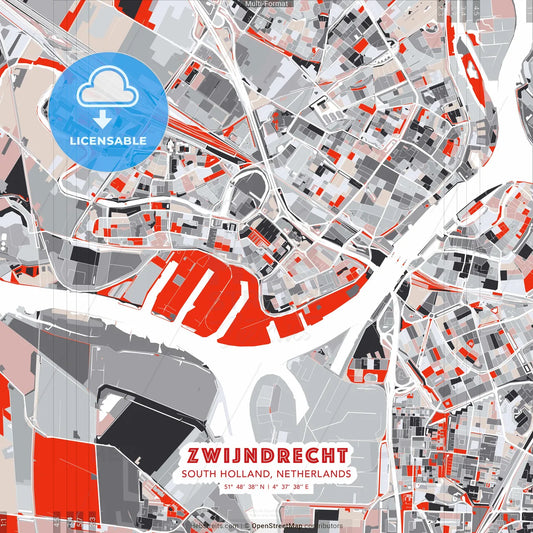 Zwijndrecht, South Holland, Netherlands - modern street map poster template with gray and red tones