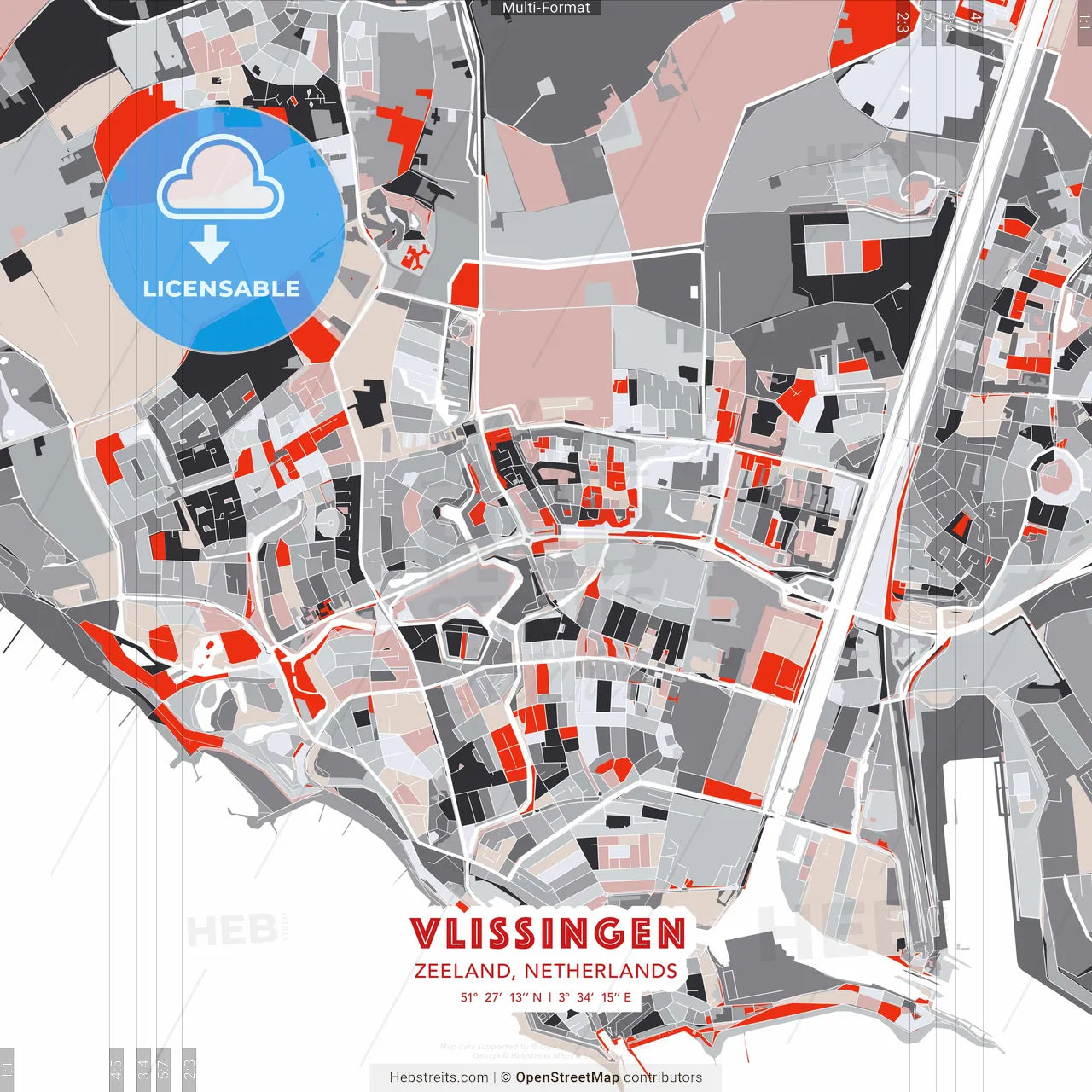 Vlissingen, Zeeland, Netherlands - modern street map poster template with gray and red tones