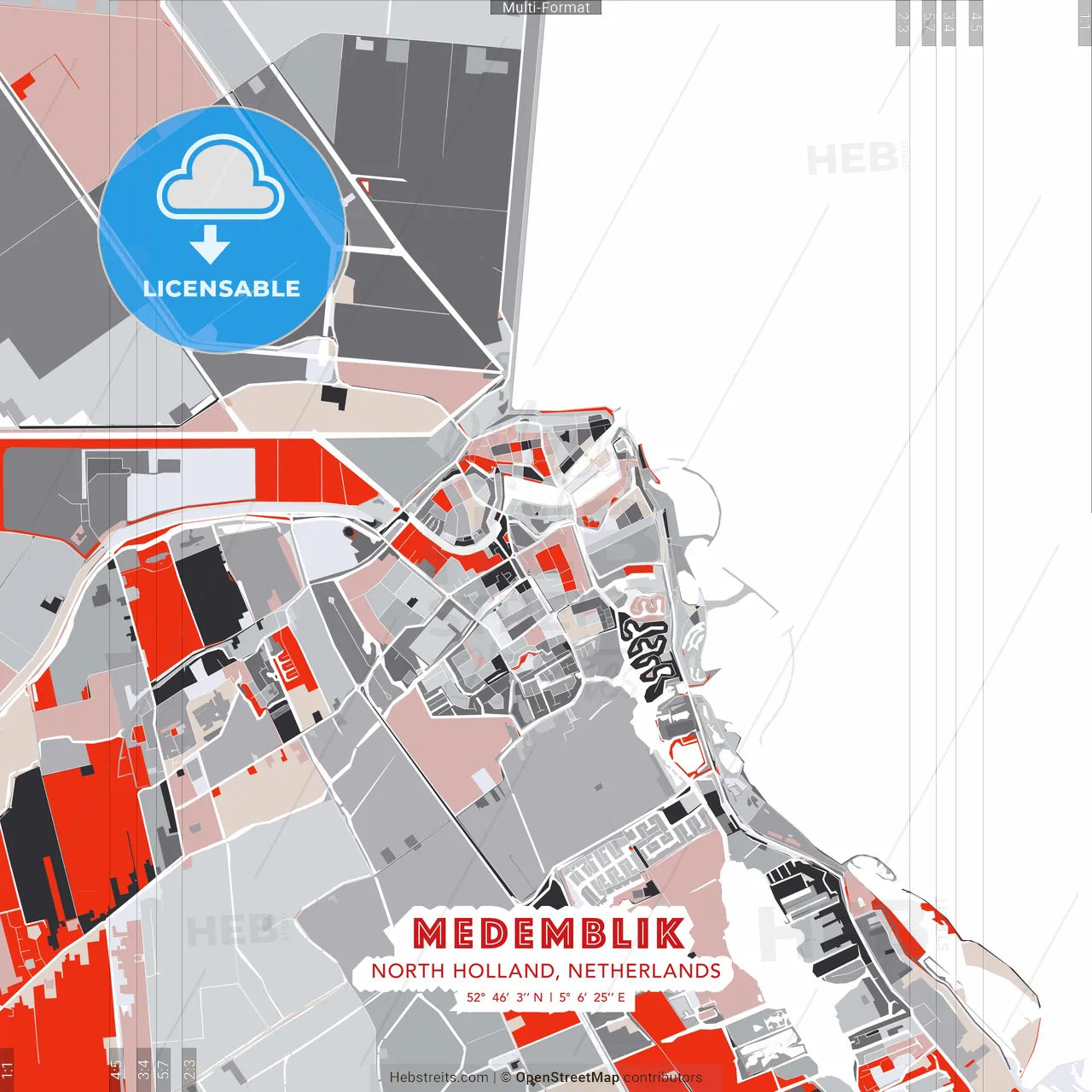 Medemblik, North Holland, Netherlands - modern street map poster template with gray and red tones