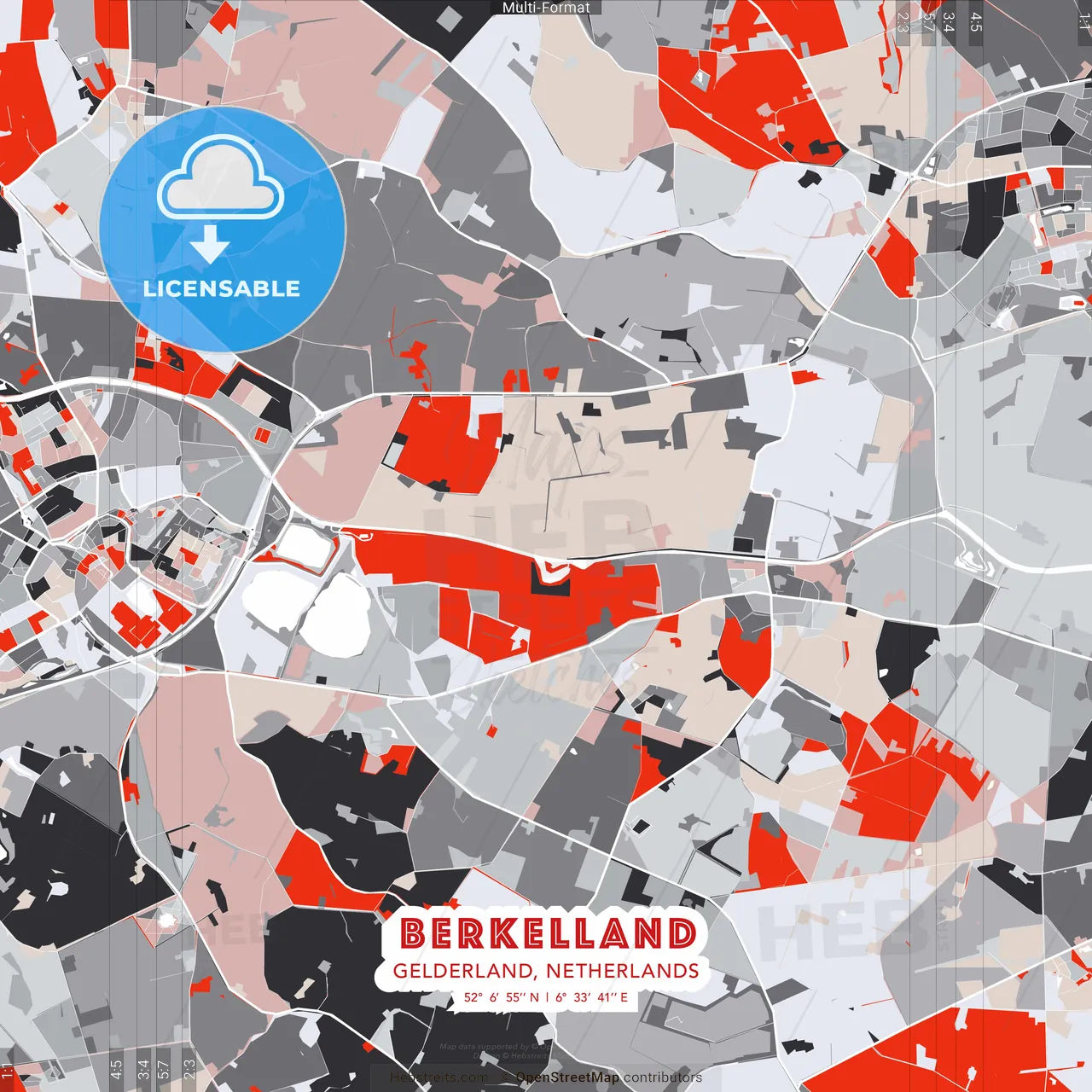 Berkelland, Gelderland, Netherlands - modern street map poster template with gray and red tones