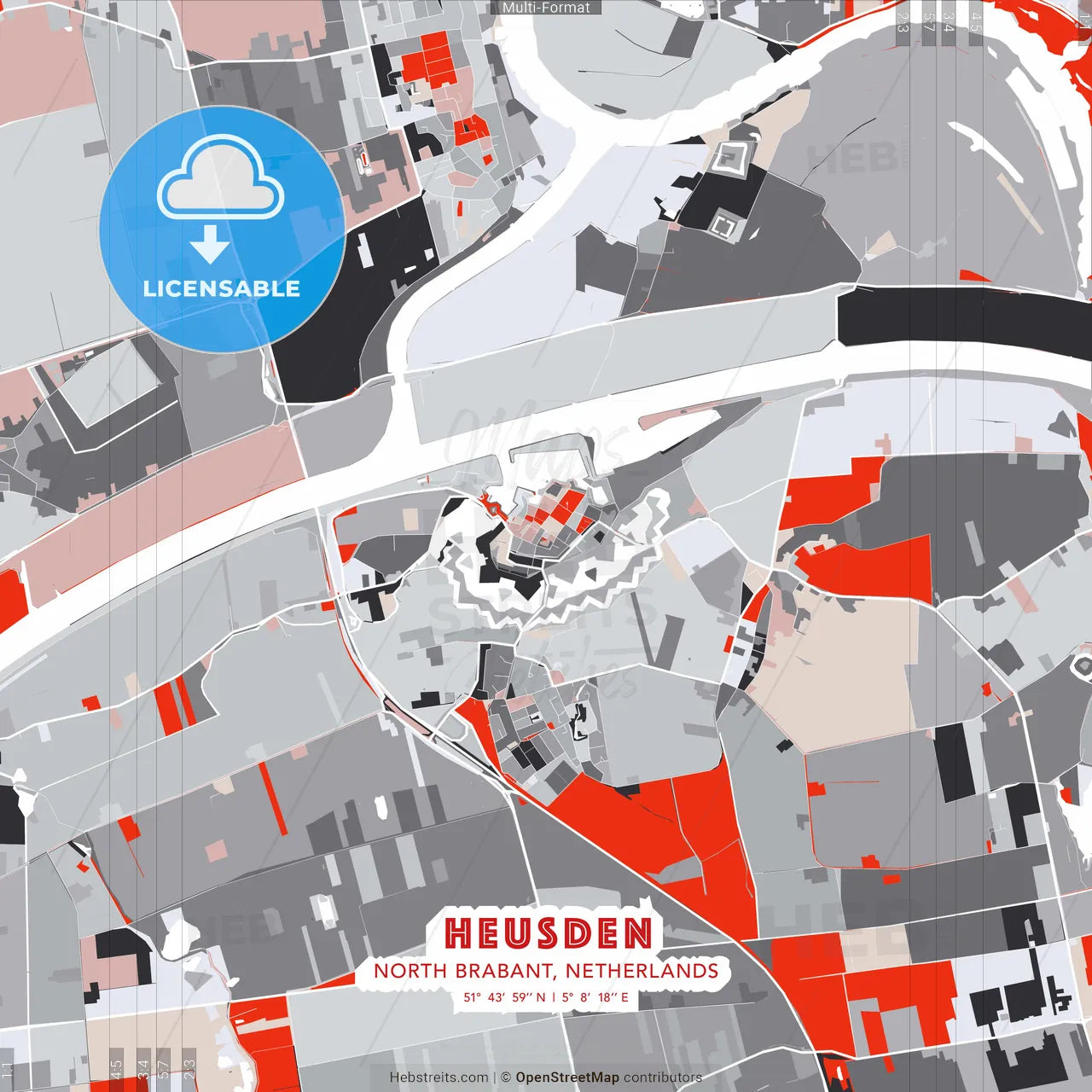 Heusden, North Brabant, Netherlands - modern street map poster template with gray and red tones