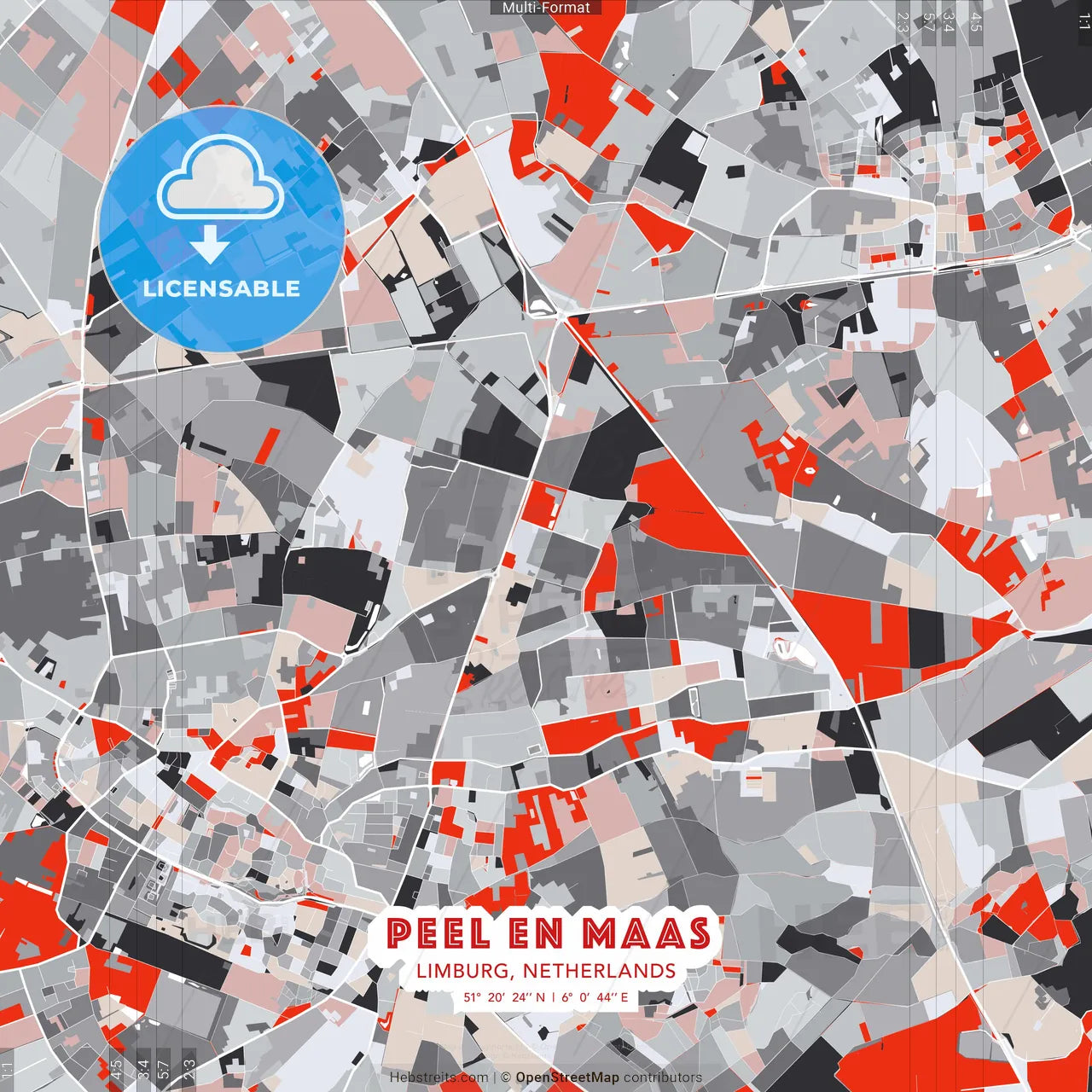 Peel en Maas, Limburg, Netherlands - modern street map poster template with gray and red tones