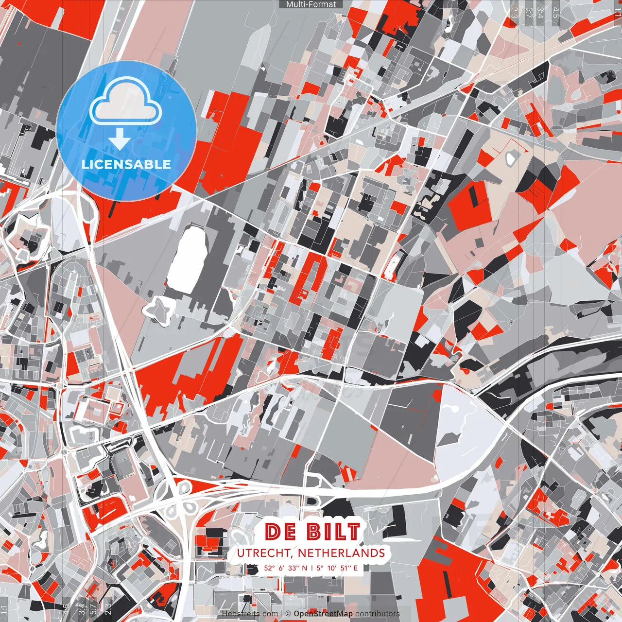 De Bilt, Utrecht, Netherlands - modern street map poster template with gray and red tones