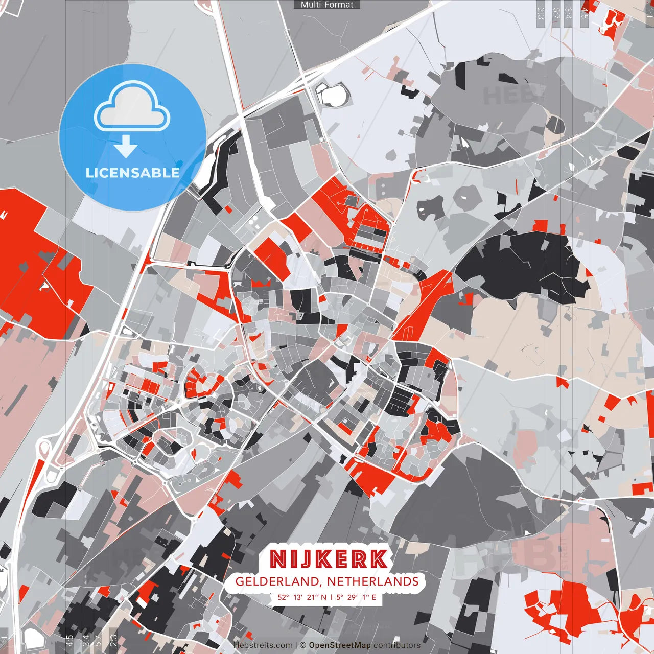 Nijkerk, Gelderland, Netherlands - modern street map poster template with gray and red tones