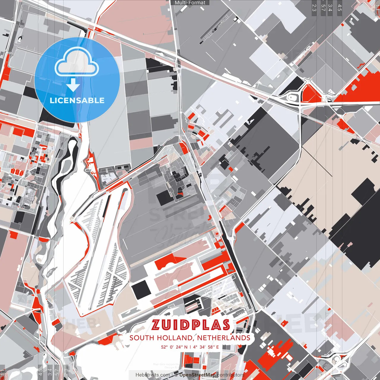 Zuidplas, South Holland, Netherlands - modern street map poster template with gray and red tones