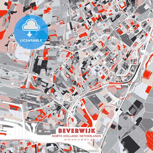 Beverwijk, North Holland, Netherlands - modern street map poster template with gray and red tones