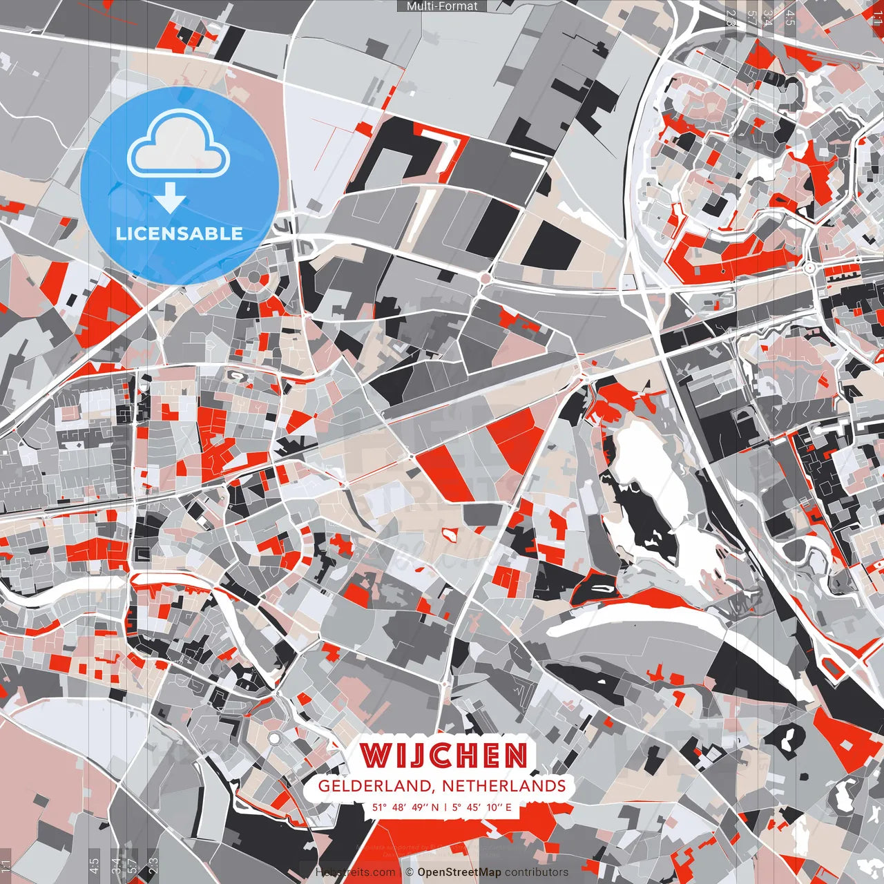 Wijchen, Gelderland, Netherlands - modern street map poster template with gray and red tones