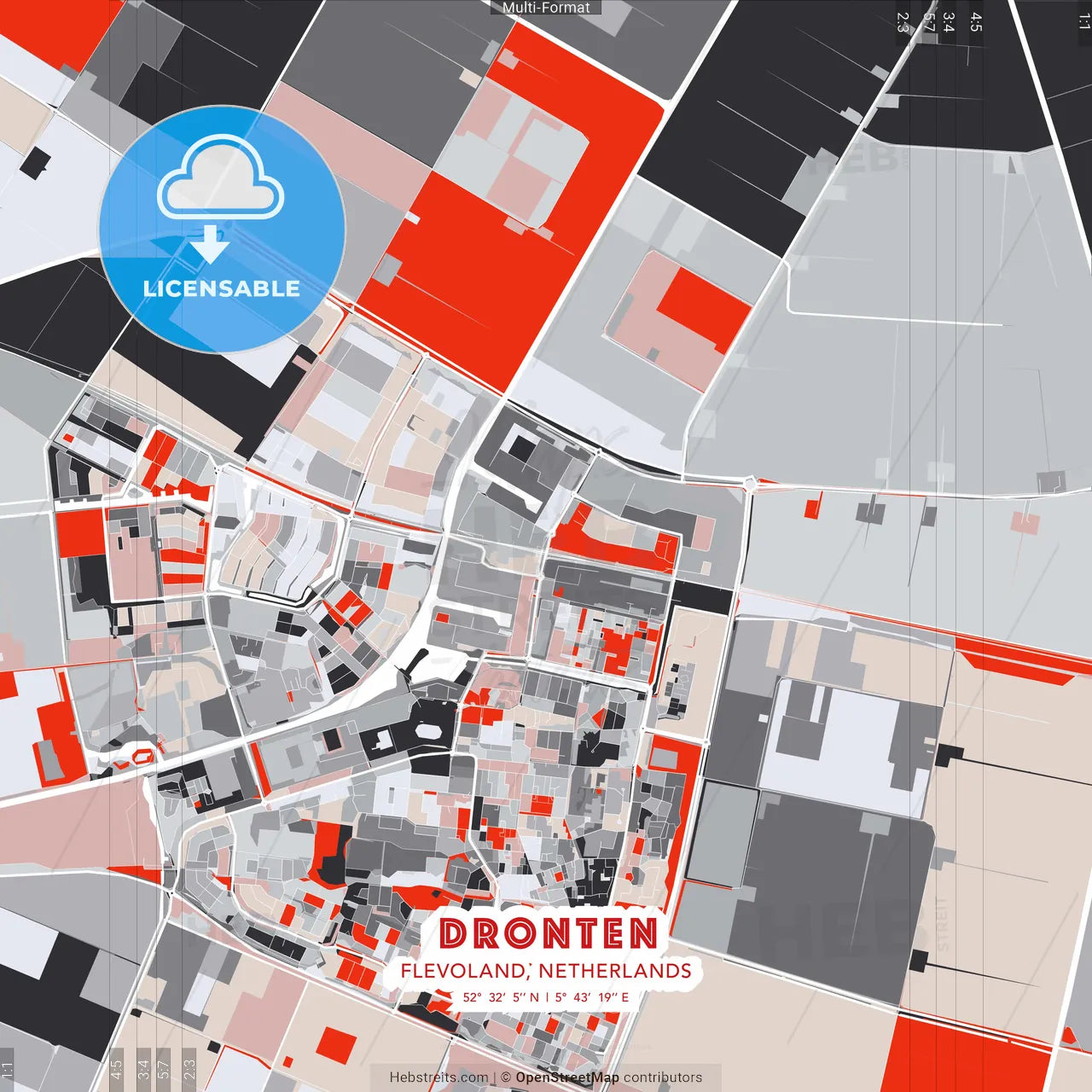 Dronten, Flevoland, Netherlands - modern street map poster template with gray and red tones