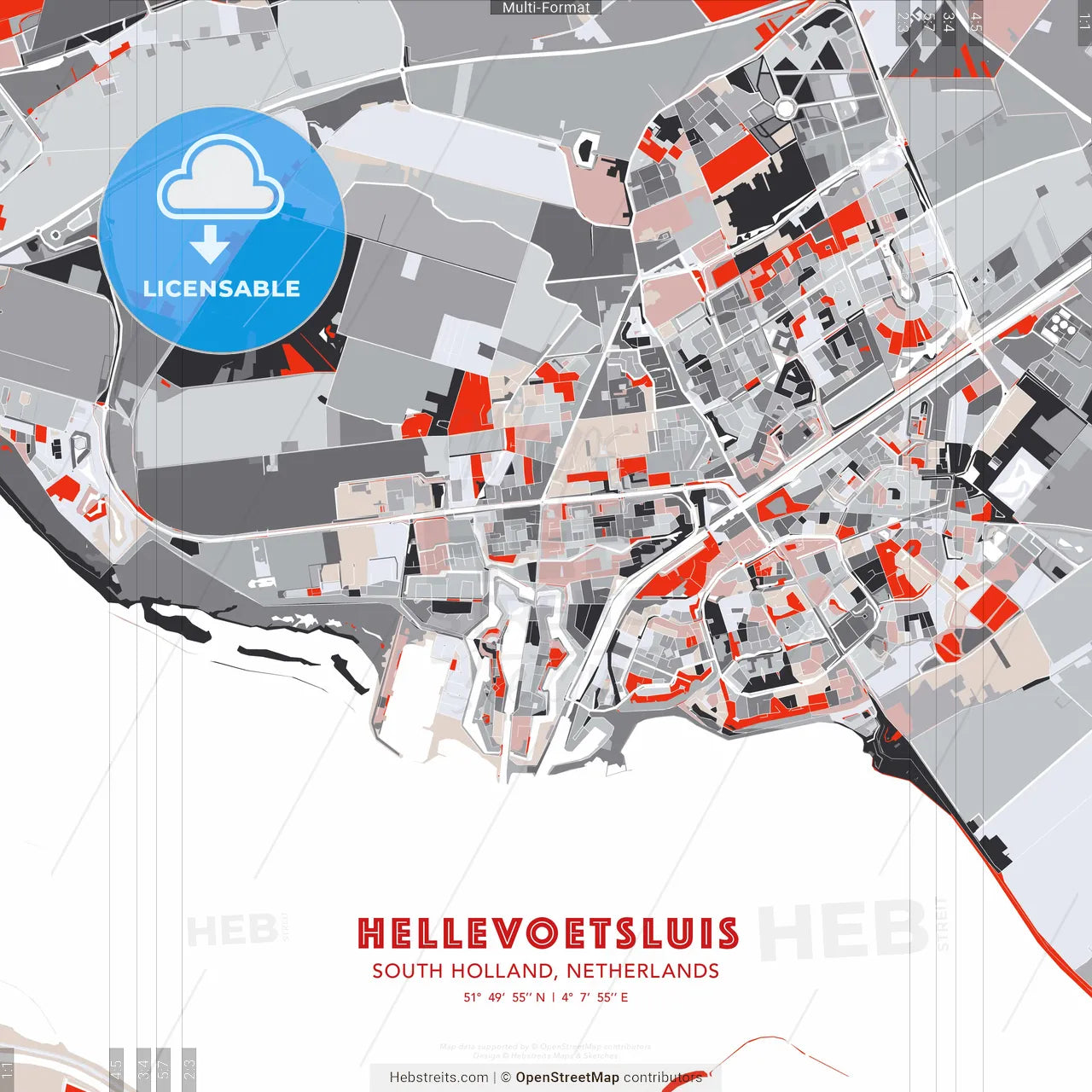 Hellevoetsluis, South Holland, Netherlands - modern street map poster template with gray and red tones